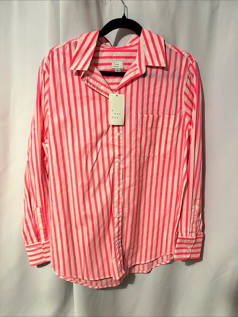 a new day Striped Button Down Shirt in Pink & White Size Medium NWT